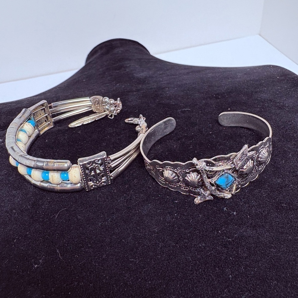 Two Western Style Silver Tone and Blue Women's Cuff Bracelets